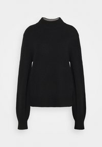 Schwarzer Rollkragenpullover mit langen, leicht aufgepufften Ärmeln, gerippten Bündchen und Saum, aus weichem, strukturiertem Stoff. Einfaches und minimalistisches Design.