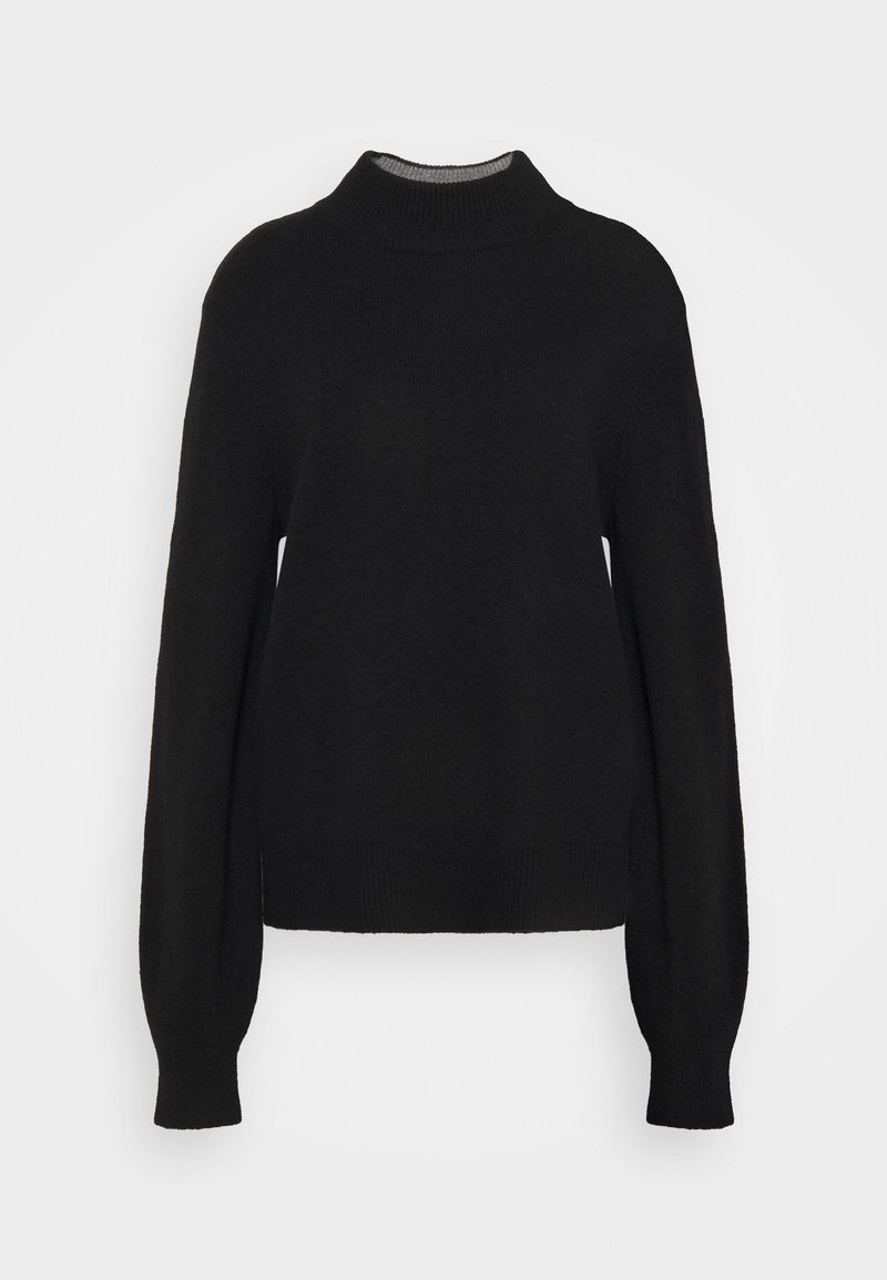 Schwarzer Rollkragenpullover mit langen, leicht aufgepufften Ärmeln, gerippten Bündchen und Saum, aus weichem, strukturiertem Stoff. Einfaches und minimalistisches Design.