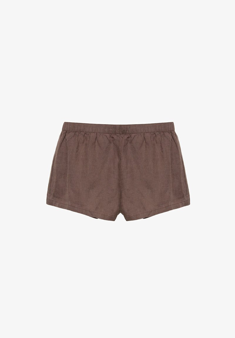 Short en coton marron avec une taille élastique, design simple, sans poches visibles ni ornements, présenté à plat de face.
