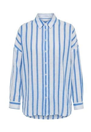 Camicia a maniche lunghe con bottoni, righe verticali bianche e blu, colletto appuntito e polsini con bottoni.