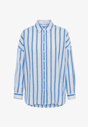 Camicia a maniche lunghe con bottoni, righe verticali bianche e blu, colletto appuntito e polsini con bottoni.