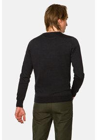 Czarny sweter z długimi rękawami, okrągłym dekoltem i ściągaczami na rękawach. Materiał wydaje się miękki i elastyczny. Model nosi oliwkowe spodnie.