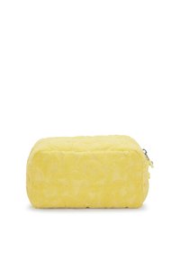 Keltainen suorakulmainen kynäpussi, joka on valmistettu tekstuurikankaasta kukkakuviolla, ja siinä on vetoketjukiinnitys sekä pehmeä, samettinen pinta.