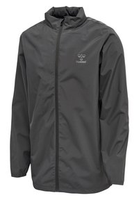 Hummel leichte Jacke in Dunkelgrau, mit durchgehendem Reißverschluss, hohem Kragen und subtiler Logo-Platzierung. Hergestellt aus glattem, wasserabweisendem Material.