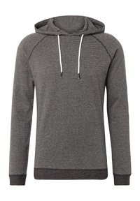 Grijze capuchontrui met een gestructureerd patroon, witte trekkoorden, ribbelboorden en -zoom, met een raglanmouwontwerp.