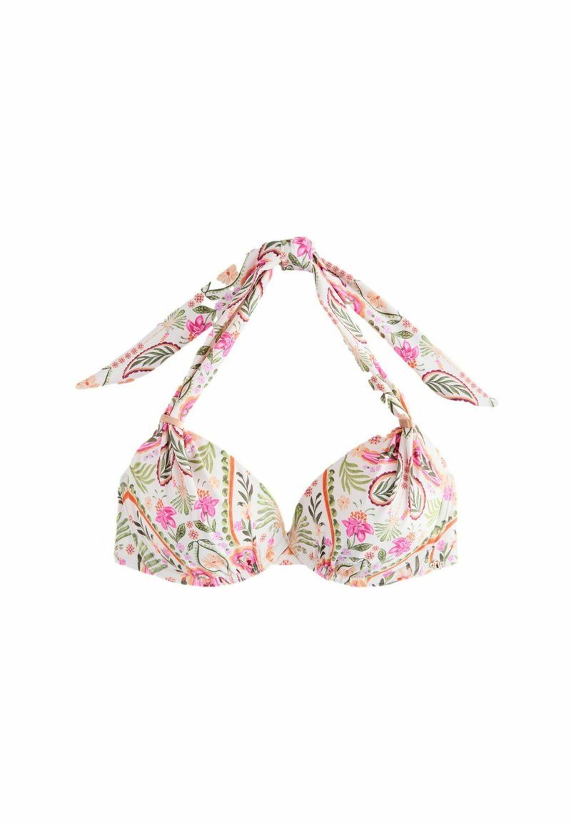 Bloemenbikini-top met driehoekige cups, met een witte achtergrond, roze en groene bloempatronen, en verstelbare strikbandjes.