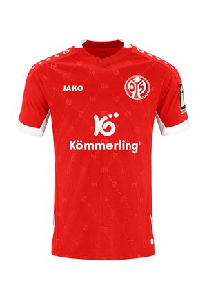 Czerwona koszulka piłkarska z białym kołnierzem i mankietami, logo Mainz 05 na piersi, marka JAKO i tekst sponsora Kömmerling z przodu.