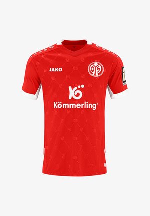 Rood voetbalshirt met witte kraag en manchetten, Mainz 05-logo op de borst, JAKO-merk en Kömmerling sponsortekst op de voorkant.
