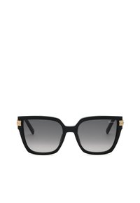 Lunettes de soleil carrées noires surdimensionnées avec des verres gris dégradés et de petits accents décoratifs dorés sur les branches.