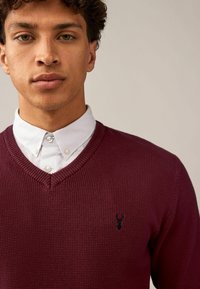 Un pull en tricot bordeaux avec un col en V, porté par-dessus une chemise blanche à boutons. Présente un petit logo brodé noir sur la poitrine.