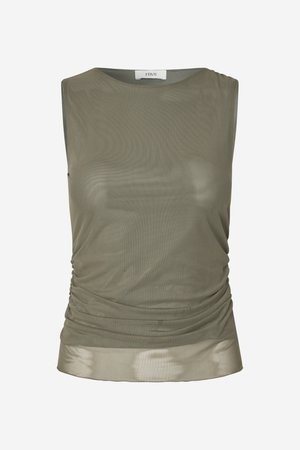 Haut sans manches vert olive en tissu léger et transparent, avec des fronces sur le côté et un col arrondi.