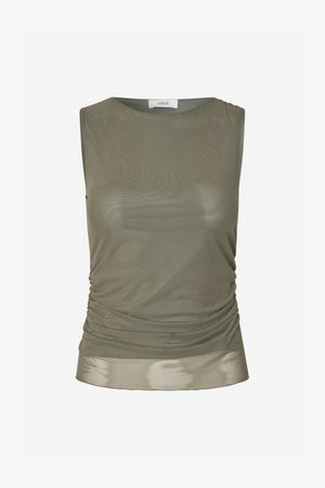 Oliwkowo-zielony top bez rękawów wykonany z lekkiego, prześwitującego materiału z marszczeniem po boku i zaokrąglonym dekoltem.