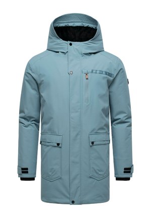 Light blue insulated jacket with a hood, featuring a front zipper and snap closures, two large front pockets, and black accents on sleeves.
