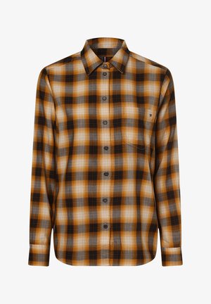 Camicia a maniche lunghe con bottoni, con un motivo a quadri arancione, nero, grigio e bianco, taschino sul petto e colletto a punta.