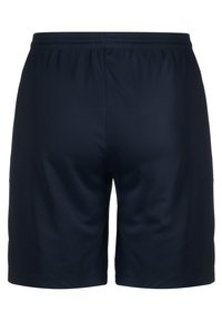 Bermudas deportivas de color azul marino con una cinturilla elástica y una textura suave, que presentan un diseño sencillo y sin patrones o detalles visibles.