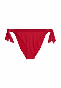 Rote Bikini-Höschen mit seitlichen Bindebändern. Hergestellt aus glattem Stoff, mit einem schlichten Design und dezentem Logo-Detailing am Taillenbund.