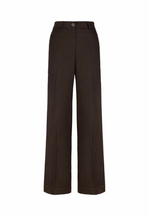 Pantalons à jambes larges en tissu brun foncé avec une texture lisse, présentant une fermeture à bouton et un design plissé.