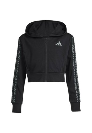 Black cropped hooded jacket with zip front, gray Adidas logo on chest, and patterned stripes along both sleeves.