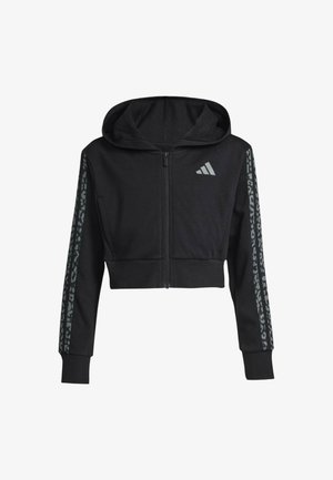 Czarna krótka kurtka z kapturem, zamek z przodu, szare logo Adidas na piersi oraz wzorzyste paski wzdłuż obu rękawów.