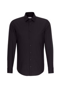 Chemise noire à manches longues avec col classique et sept boutons sur le devant, présentée sur un fond blanc uni.