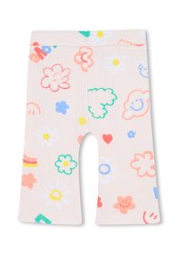 Katoenen leggings in lichtroze met een all-over patroon van kleurrijke bloemen, glimlachende gezichten en abstracte vormen. Heeft een geribbelde textuur.