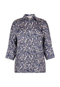 Blusa blu e bianca con motivo paisley, colletto, maniche a tre quarti e tessuto testurizzato. Bottoni visibili lungo la parte anteriore.