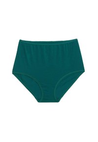 Bañador de algodón verde de tiro alto con cintura elástica, textura suave y sin patrones ni herrajes visibles.