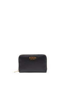 Portefeuille zippé en cuir noir avec le logo doré "GUESS EST 1981", de forme rectangulaire slim, texture lisse et détails cousus.