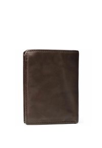 Bruine leren portemonnee met een gladde textuur, bi-fold ontwerp en zichtbare stiksels langs de randen. Compacte rechthoekige vorm.