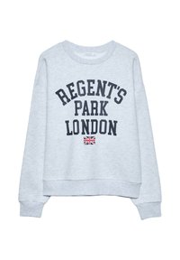 Světlá šedá mikina se zaobleným výstřihem, zdobená výrazným černým textem "REGENT'S PARK LONDÝN" a malým detailem vlajky Union Jack.