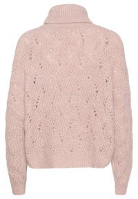 Pulover od čipkastog pletiva u mekoj ružičastoj boji, s visokim ovratnikom, oversized krojem i rebrastim manžetama. Teksturna obrada kroz cijeli materijal.