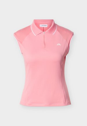 Ujjatlan rózsaszín galléros póló fehér szegéllyel a galléron és a karöltőknél, elülső cipzárral és kis fehér logóval a mellrészen.