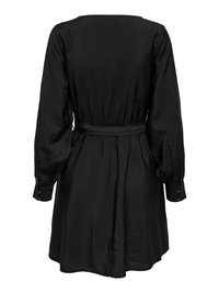 Vestito nero a maniche lunghe con vita aderente, polsini con bottoni e tessuto leggermente strutturato, mostrato da dietro su sfondo bianco.