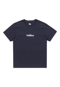 Camiseta de algodón azul marino de mangas cortas con un logo blanco de "Quiksilver" centrado en el pecho. Cuello redondo, textura suave.