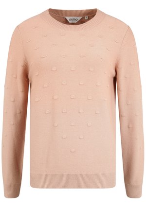 Lys rosa genser med rund hals, lange ermer og strukturerte bobler. Strikket stoff med ribbestrikket kant og mansjetter. Størrelse liten.
