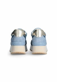 Blue suede sneakers with a metallic gold heel accent, featuring a textured light blue sole and intricate pattern detail along the edge.