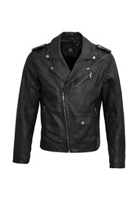Giacca da moto in pelle nera con colletto a revers, chiusura con zip e accessori in metallo argentato. Presenta due tasche con zip e una tasca a flap con chiusura a scatto.