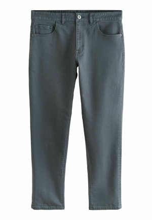 Pantaloni din denim gri cu design cu cinci buzunare, textură ușor elastică, zipper la fermoar și închidere cu buton de ton argintiu, având un croi drept.