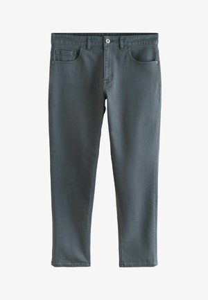 Graue Denim-Hosen mit Fünf-Taschen-Design, leicht dehnbarem Material, Reißverschluss und silberfarbener Knopfverschluss, mit geradem Bein.