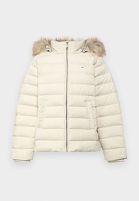 Elfenbensfarvet dunjakke med hætte foret med pels, lynlås foran og to sidelommer. Har vandret quiltet design og ribstrikkede manchetter.