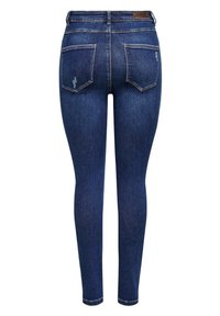 Blugi skinny negri închis cu ușoare distrugeri pe buzunarele din spate, talie înaltă și etichetă din piele "ONLY" pe talie.