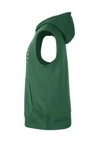 Ujjatlan, zöld kapucnis mellény, puha anyagból készült, nagy karöltővel, elülső zsebbel és minimalista szöveges részlettel az oldalon.