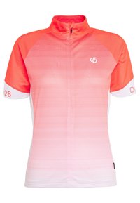Jersey de ciclismo de manga corta en degradado coral y blanco, con rayas horizontales, un cuello alto y logotipos en las mangas.