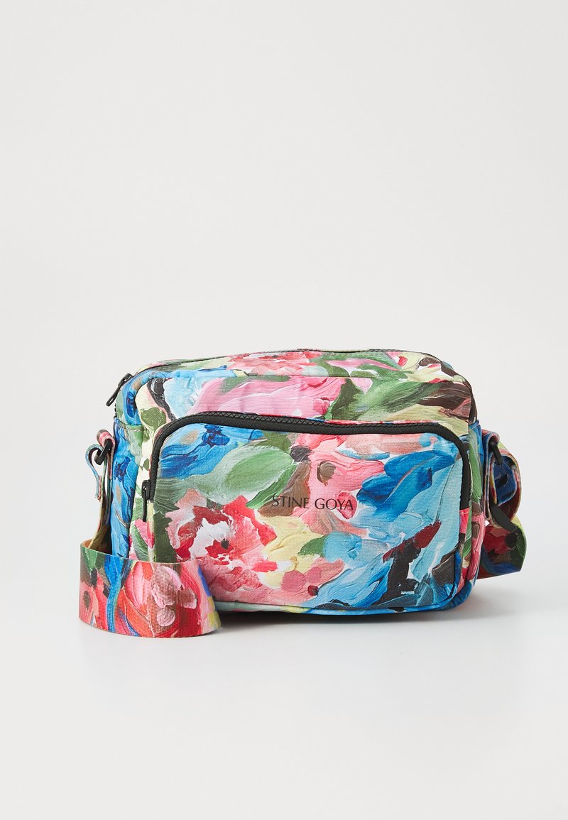 Colorful floral patterned crossbody bag featuring a zippered main compartment and adjustable strap. Made from lightweight fabric.