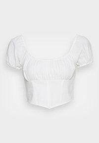 Vitt kort topp i lätt tyg. Har puffärmar och fyrkantig halsringning, med synlig sömdetaljering vid bodice.