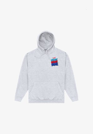 Lys grå hættetrøje med frontlomme og farverigt "Drink Pepsi" logo i rød, blå og lys blå på venstre bryst.