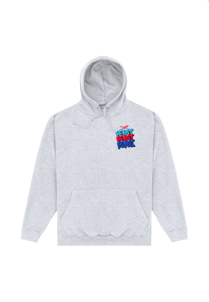 Felpa grigia chiaro con tasca frontale e logo colorato "Bevi Pepsi" in rosso, blu e azzurro sul lato sinistro del petto.