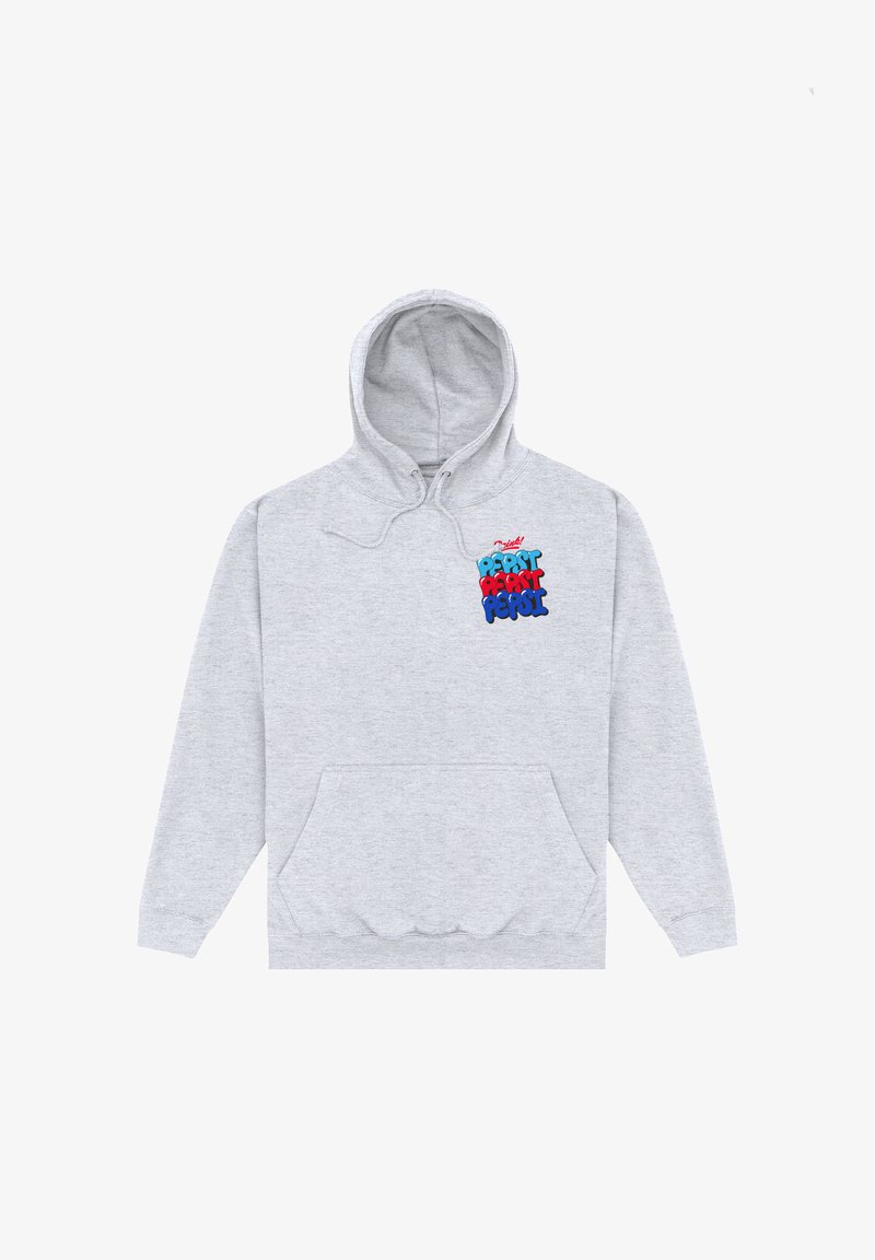 Felpa grigia chiaro con tasca frontale e logo colorato "Bevi Pepsi" in rosso, blu e azzurro sul lato sinistro del petto.