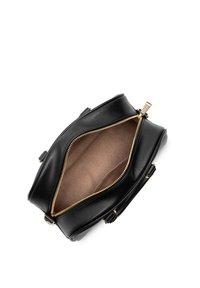 Sac à main en cuir noir avec fermeture éclair dorée, doté d'un intérieur spacieux couleur beige. Forme arrondie avec un design structuré et deux poignées.