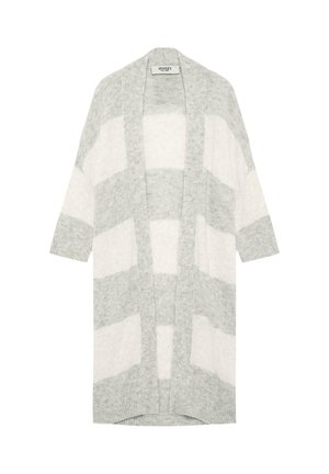 Hellgrau und weiß gestreifter Cardigan, offenes Vorderdesign mit kurzen Ärmeln, weicher Textur und gerippten Bündchen.